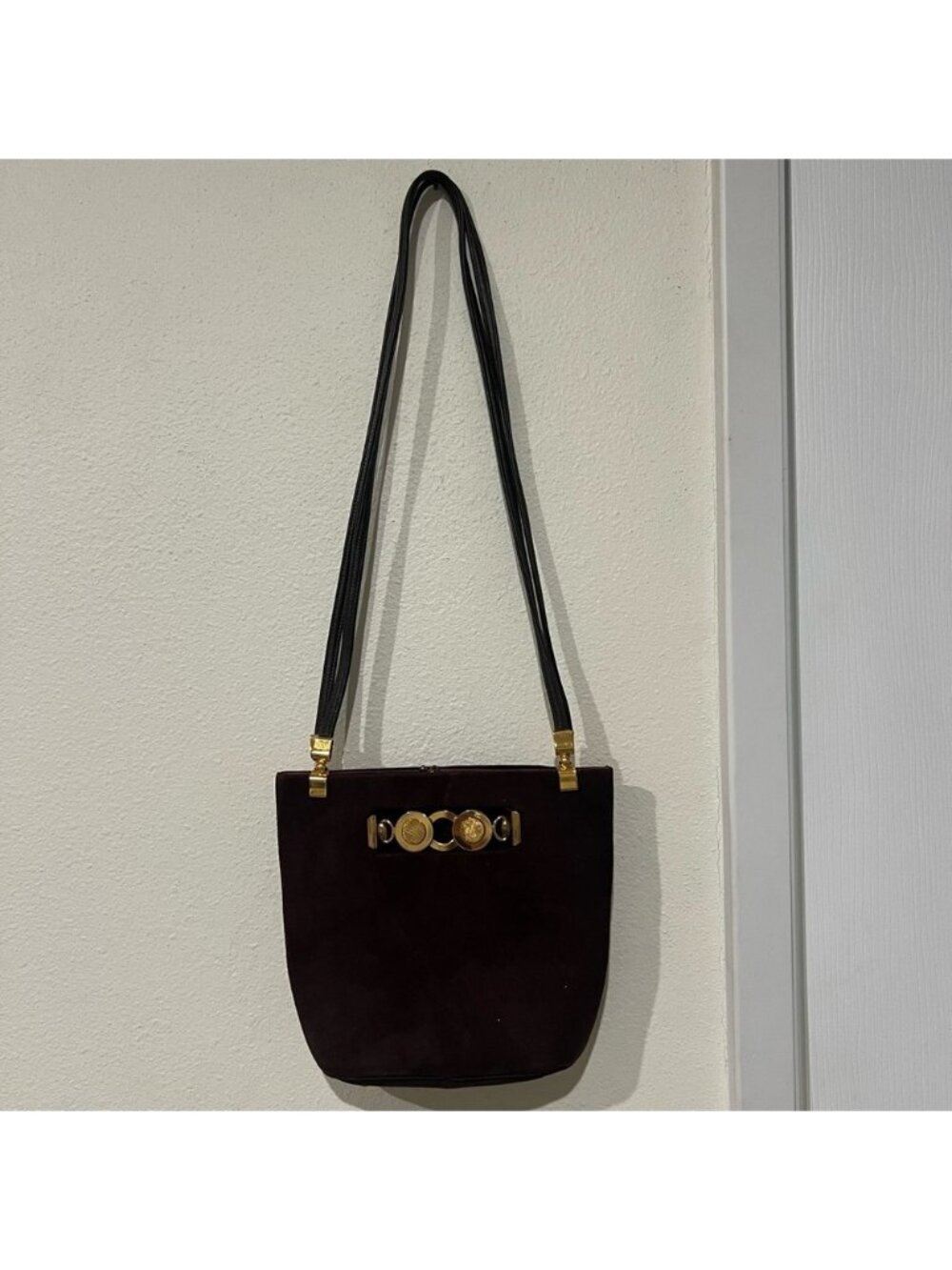 Vintage Chocolate Brown Suede Leather Gold Hardware Crossbody Bag